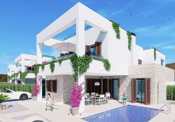 Doppelhaushälften mit 3 Schlafzimmern, 2 Bädern, Keller, Dachterrasse mit Meerblick und optionalem Privatpool nur 400 m vom Strand
