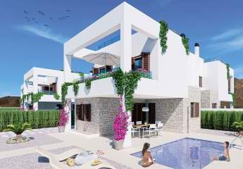 Doppelhaushälften mit 2 Schlafzimmern, 2 Bädern, Keller, Dachterrasse mit Meerblick und optionalem Privatpool nur 400 m vom Strand