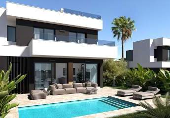 Zweigeschossige Villen mit 3 Schlafzimmern, 3 Bädern, Dachterrasse, Einbauküchen mit Elektrogeräten, Klimaanlage, Kfz-Stellplatz und Privatpool