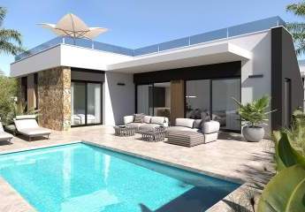 Eingeschossige Villen mit 3 Schlafzimmern, 2 Bädern, Dachterrasse, Einbauküchen mit Elektrogeräten, Klimaanlage, Kfz-Stellplatz und Privatpool