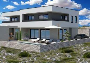Moderne Luxus-Neubau-Doppelhaushälfte mit Sauna und Panoramablick auf das Meer in Vodice