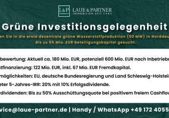 Grüne Investitionsgelegenheit!

Investieren Sie in die erste dezentrale grüne Wasserstoffproduktion in Norddeutschland. 
Profitieren Sie von einem hochattraktiven Projekt mit großem Wachstumspotenzial