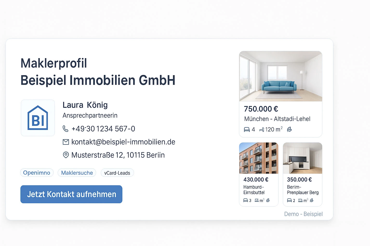 Maklersuche: Beispiel eines Anbieterprofils mit aktuellen Objekten