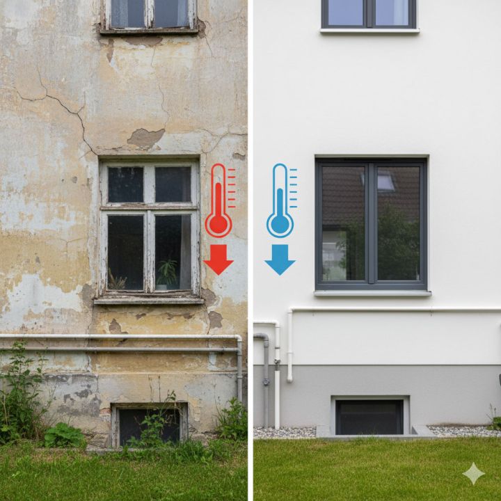 Visuelle Gegenüberstellung einer Hausfassade vor und nach einer energetischen Sanierung. Die linke Seite zeigt eine ältere Fassade, die rechte Seite dieselbe Fassade modernisiert mit Dämmung und neuen Fenstern. KI-generiert mit gemini.google.com
