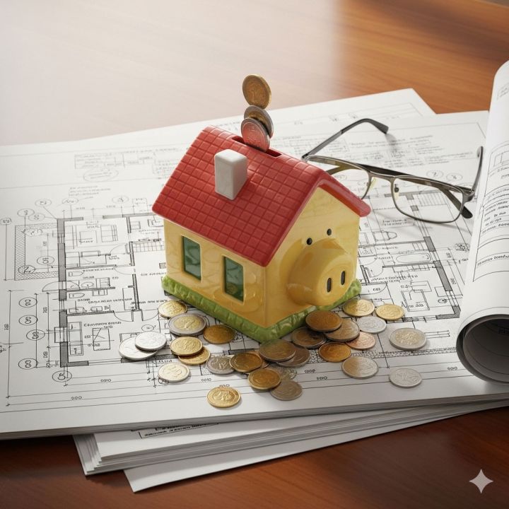 Ein Sparschwein in Form eines modernen Hauses, das auf ausgebreiteten Architektenplänen steht, als Symbol für die finanzielle Planung und Investition in eine Immobilie. Foto KI-generiert mit gemini.google.com