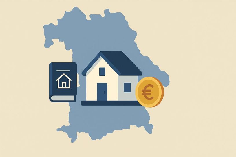 Haus, Grundbuch-Symbol und Euro-Münze auf einer dezenten Bayern-Karte mit angedeuteter Landesgrenze. KI-generiert mit https://chatgpt.com/