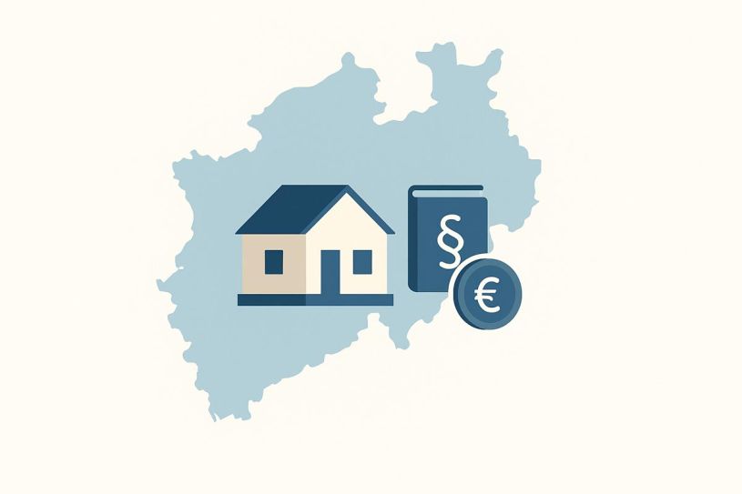 Haus, Grundbuch-Symbol und Euro-Münze auf einer dezenten NRW-Karte. KI-generiert mit https://chatgpt.com/