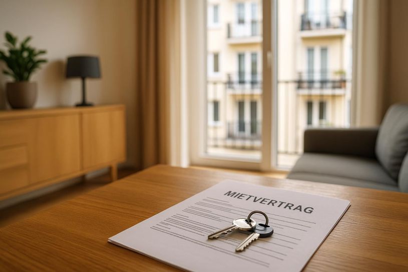 Helle Stadtwohnung mit Balkon; Exposé-Mappe und Schlüsselbund auf einem Tisch – symbolisiert professionelle Wohnungsvermietung. KI-generiert mit https://chatgpt.com/