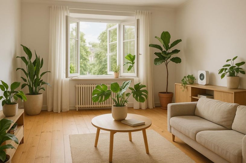 Ein lichtdurchflutetes Wohnzimmer mit Holzfußboden, Grünpflanzen und geöffneten Fenstern; Das Motiv vermittelt frische, saubere Raumluft und eine gesunde Wohnumgebung. KI-generiert mit: https://chatgpt.com/